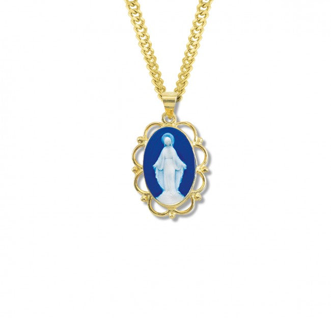 Dark Blue Gold Over Sterling Silver Cameo Miraculous Medal