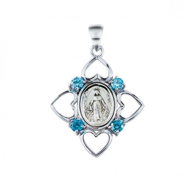 Sterling Silver Aqua Cubic Zirconia Miraculous Medal
