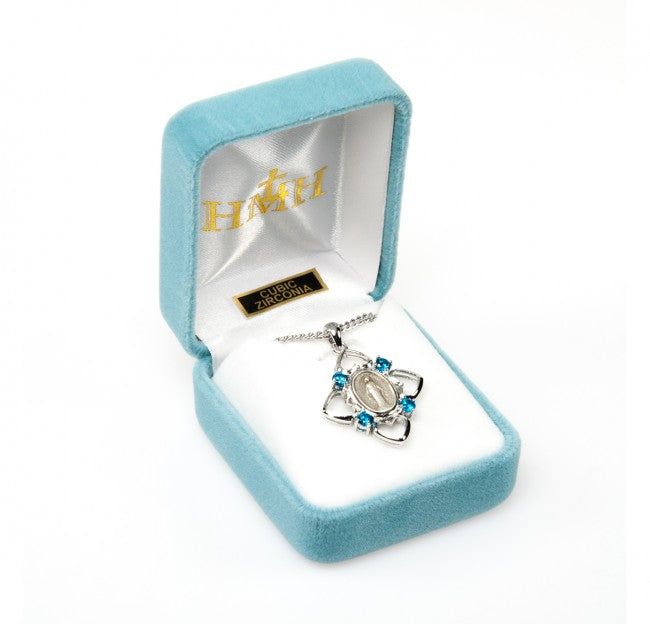 Sterling Silver Aqua Cubic Zirconia Miraculous Medal