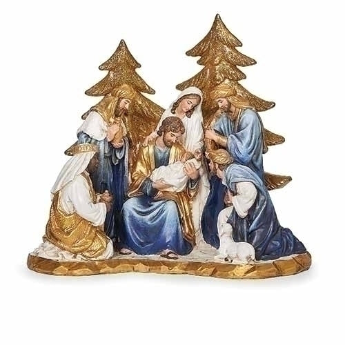 6"H NATIVITY  GOLD TREES  BLUE