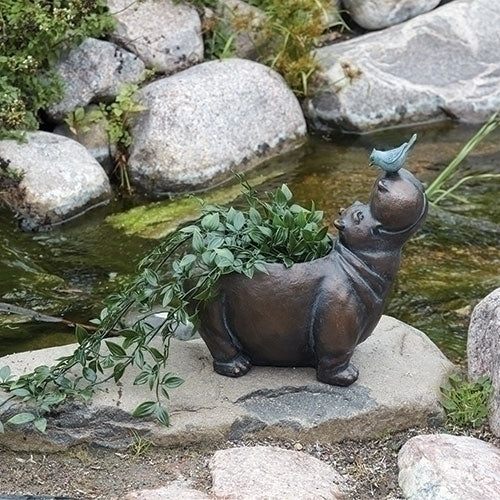 13"H HIPPO WITH BIRD PLANTER