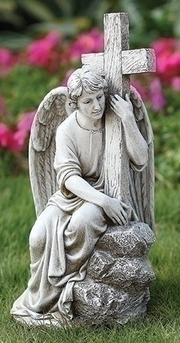 13"H SEATED MALE ANGEL W/CROSS