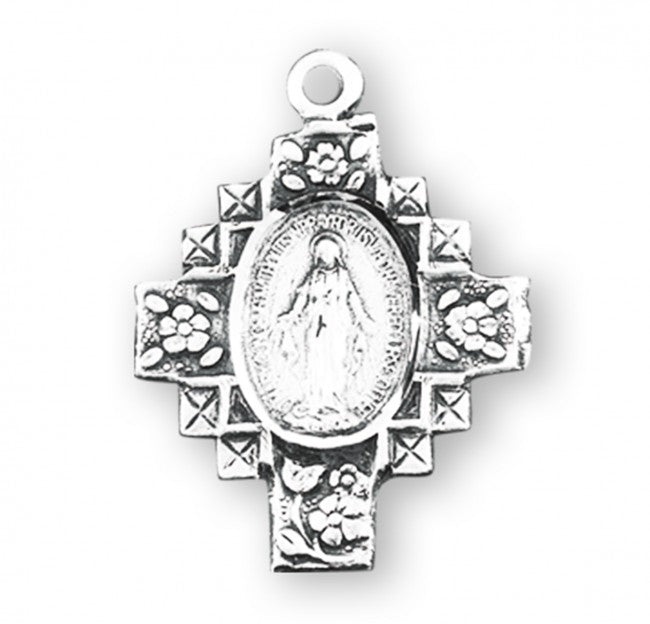 Sterling Silver Flowered Cross Miraculous Medal